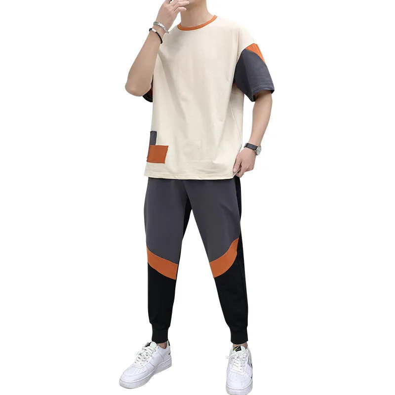 Men's cotton short-sleeved T-shirt with colour-block design in black and khaki, sizes M to 4XL