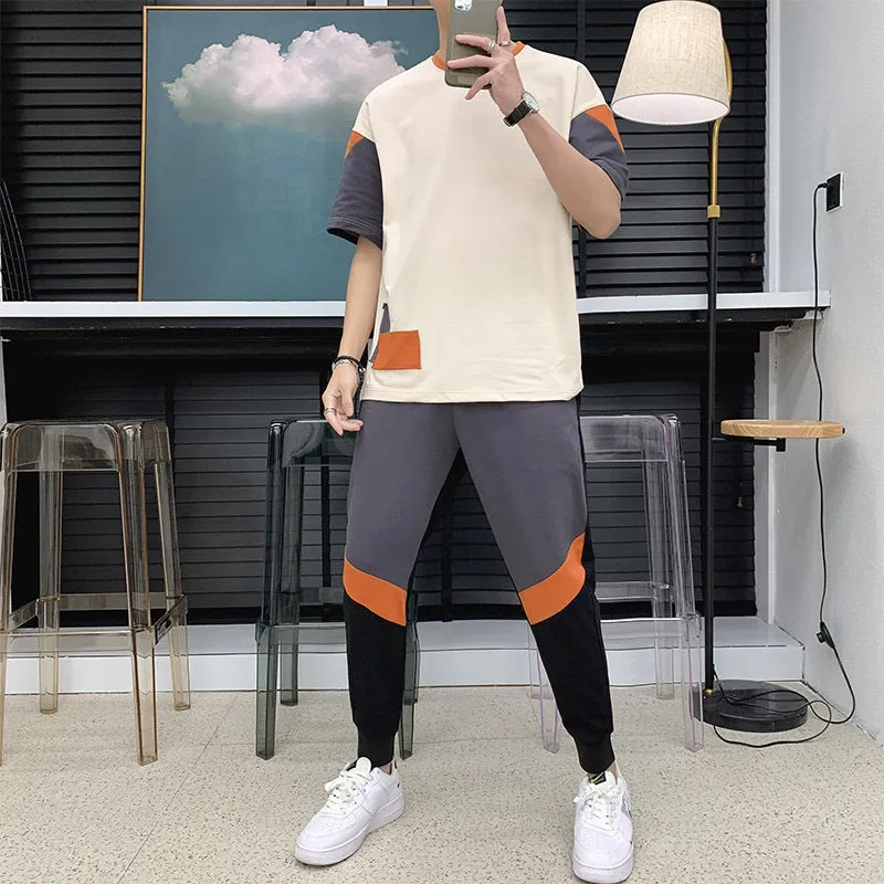 Men's cotton short-sleeved T-shirt with colour-block design in black and khaki, sizes M to 4XL