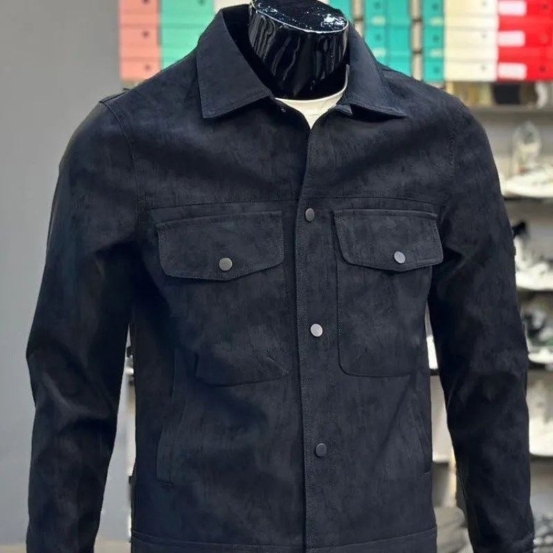 Men's black suede jacket with casual collar, single-breasted front, solid colour, printed finish