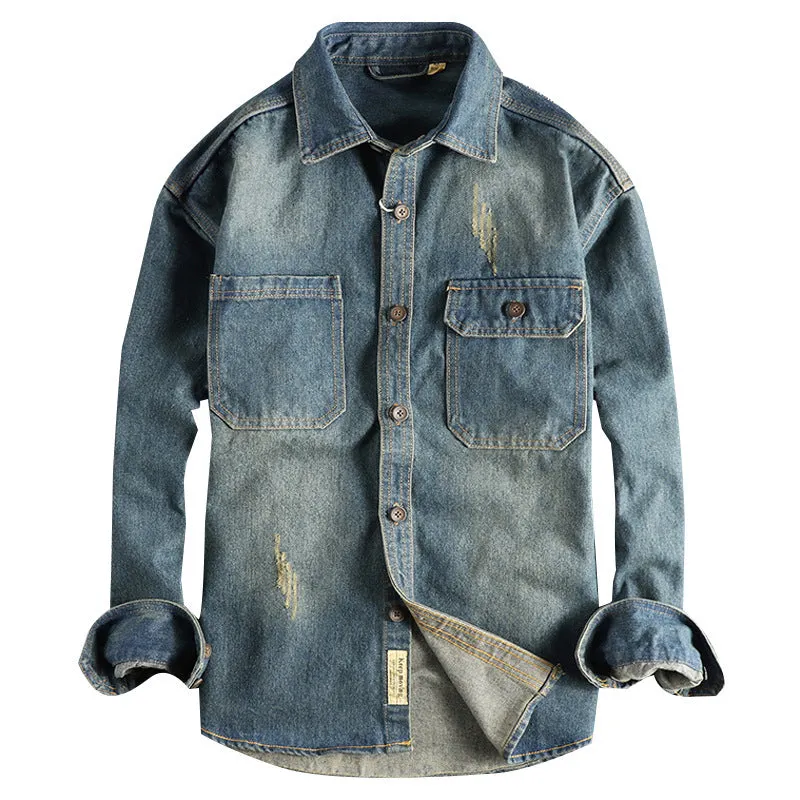 Men's light blue vintage denim shirt with loose fit and long sleeves