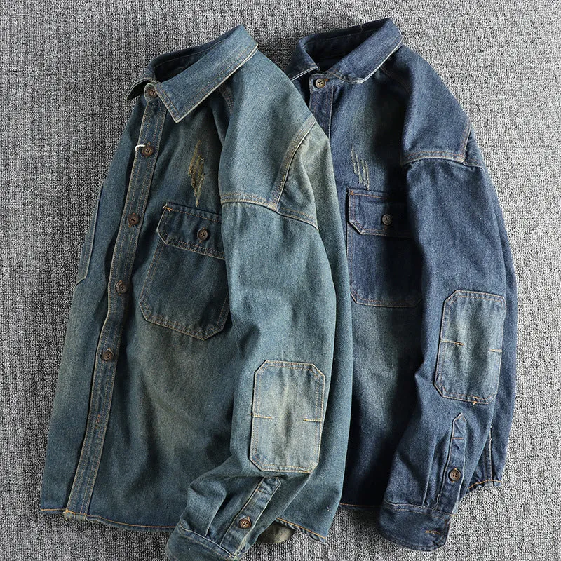Men's light blue vintage denim shirt with loose fit and long sleeves