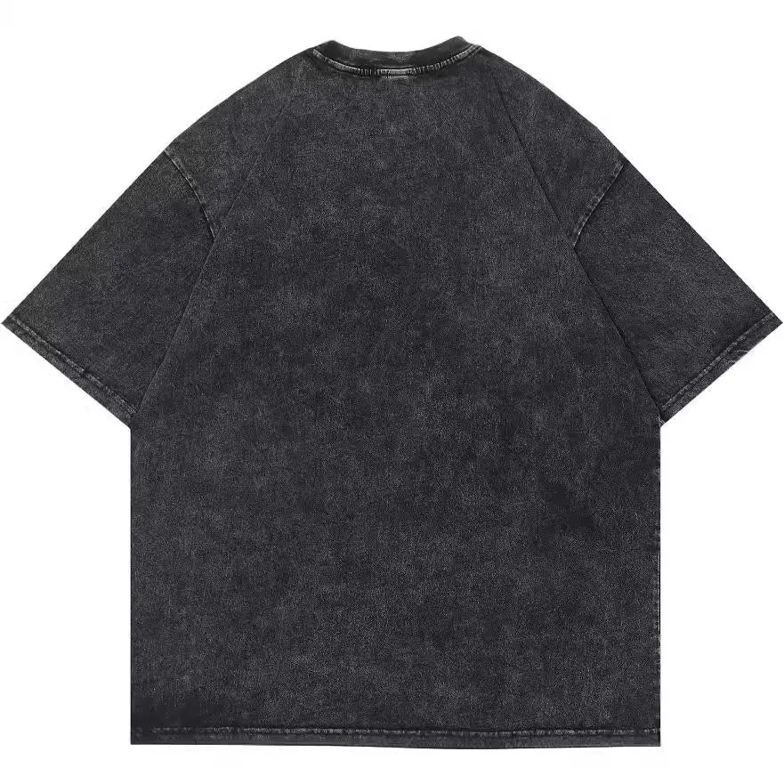 Retro men's cotton T-shirt with cartoon digital printing in loose fit washed black colour
