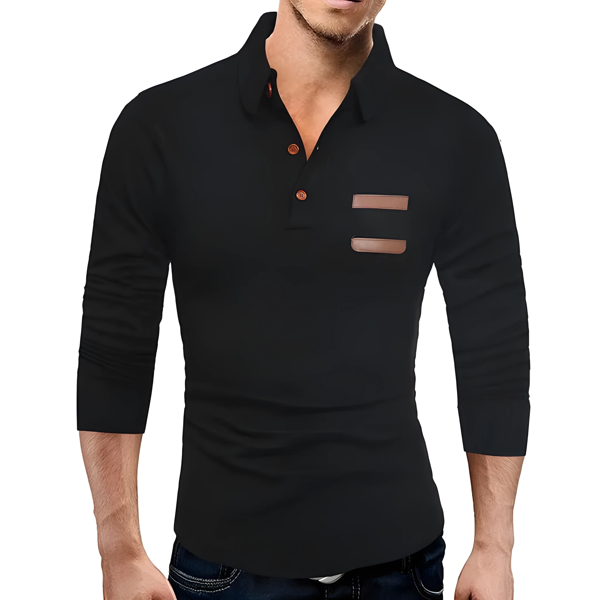 Casual slim knit long sleeve polo shirt in black, cotton blend fabric, size L to XXXL