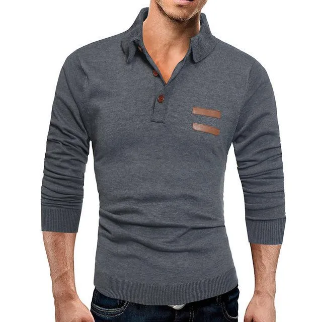 Casual slim knit long sleeve polo shirt in black, cotton blend fabric, size L to XXXL