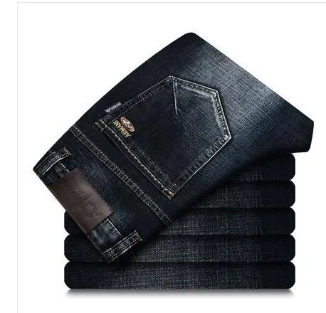 Men's elastic business straight jeans in 8151 blue wash with worn white finish, zipper fly, and pocket details