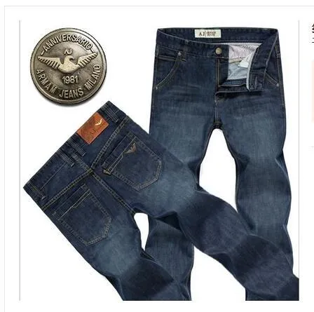 Men's elastic business straight jeans in 8151 blue wash with worn white finish, zipper fly, and pocket details