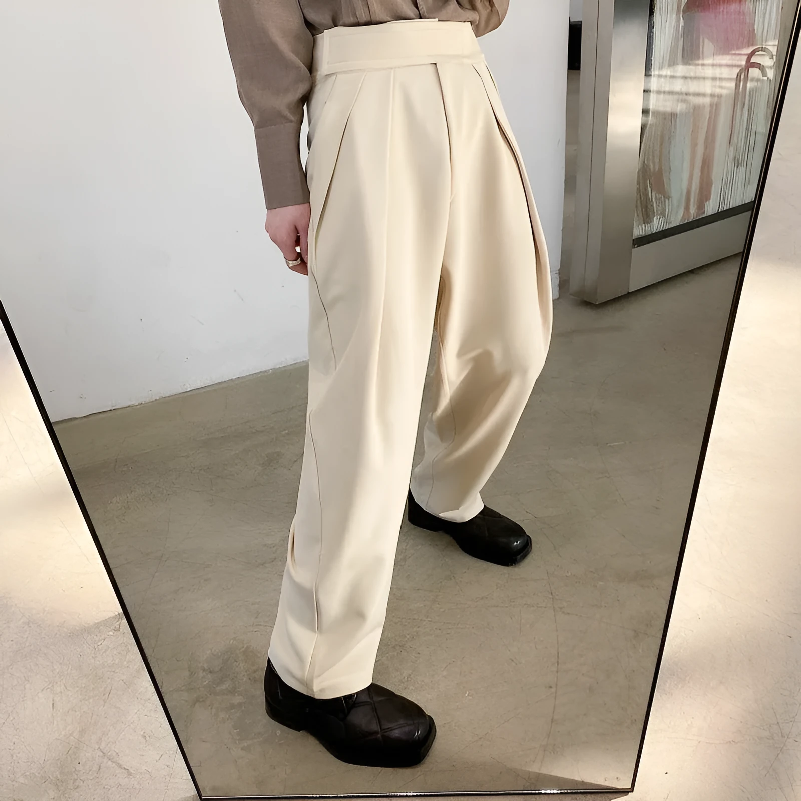 Men's cotton blend high waist straight tube harem trousers in apricot colour for business casual wear