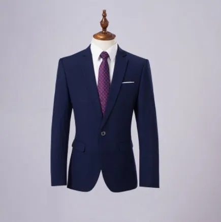 Men's single-breasted flat collar business suit set in dark blue with jacket and trousers on display