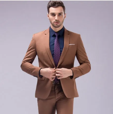 Men's single-breasted flat collar business suit set in dark blue with jacket and trousers on display