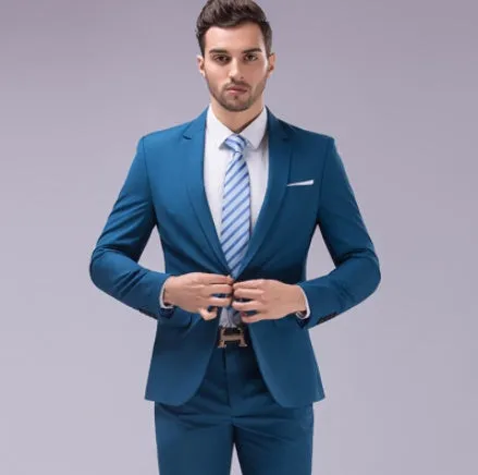 Men's single-breasted flat collar business suit set in dark blue with jacket and trousers on display