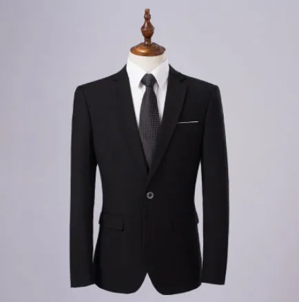 Men's single-breasted flat collar business suit set in dark blue with jacket and trousers on display