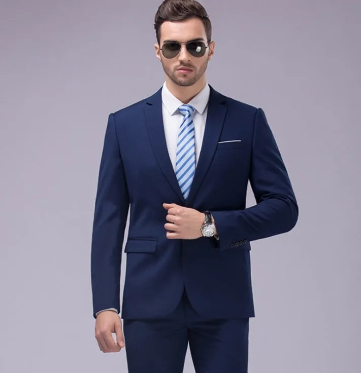 Men's single-breasted flat collar business suit set in dark blue with jacket and trousers on display