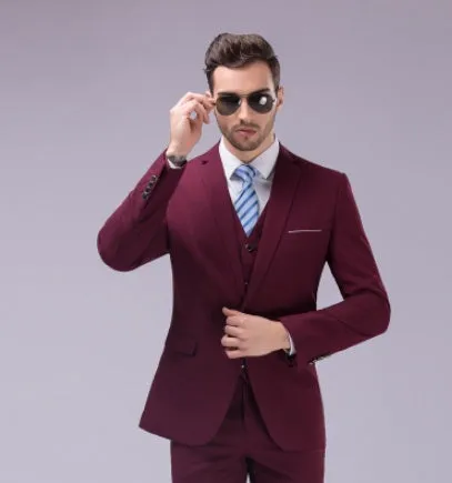 Men's single-breasted flat collar business suit set in dark blue with jacket and trousers on display