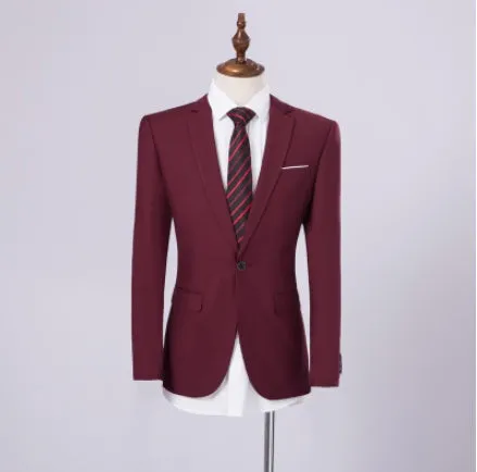 Men's single-breasted flat collar business suit set in dark blue with jacket and trousers on display