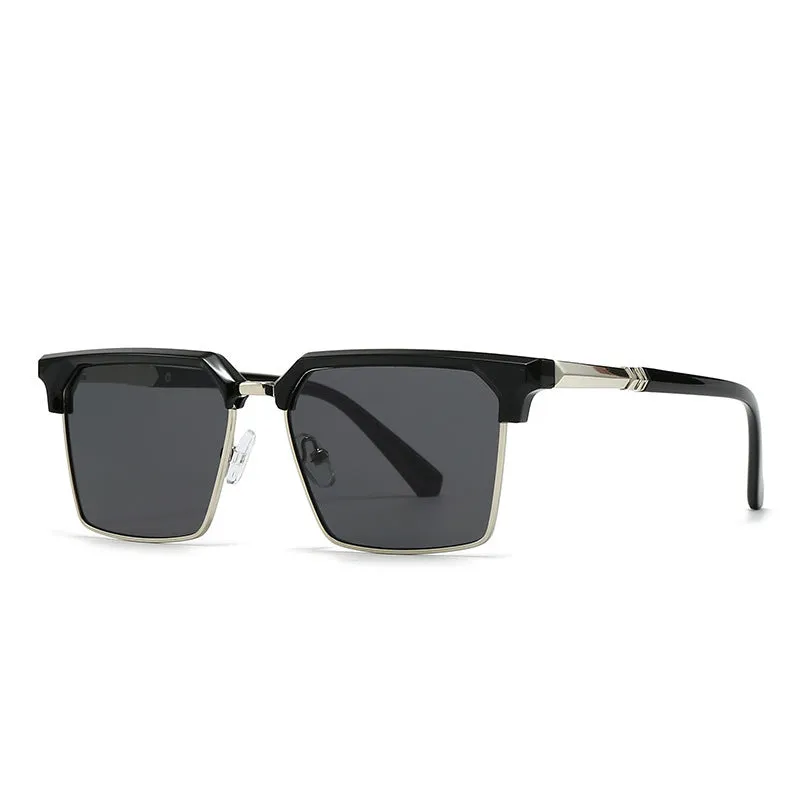 Men's square sunglasses with a plastic box-style frame, shown in multiple colour options.