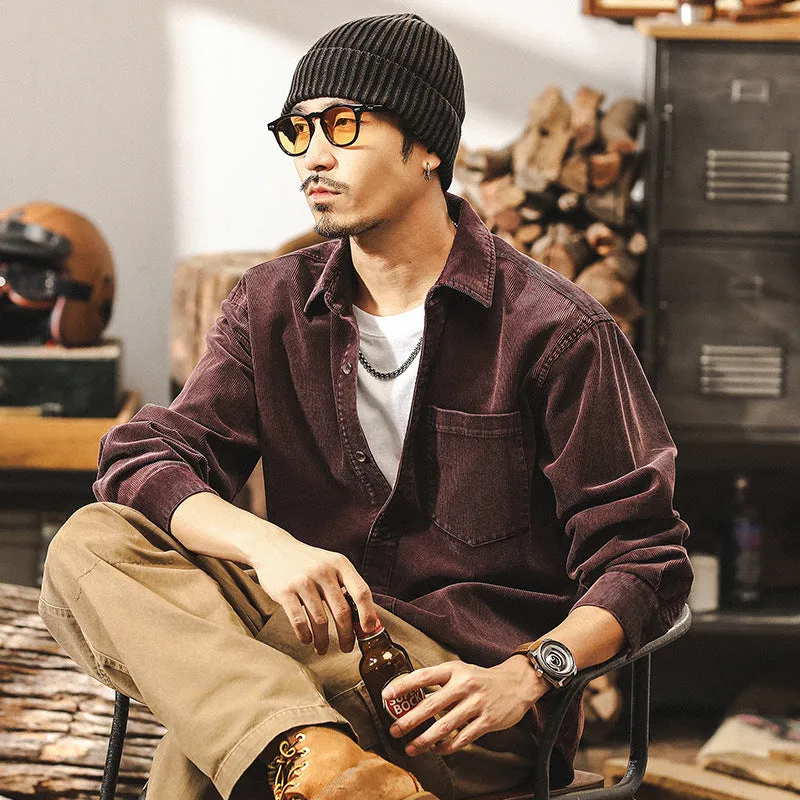 Men's retro corduroy casual jacket in red and black colours, loose fit with long sleeves.