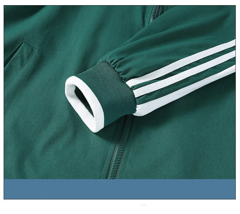 Men's plus size Korean style fitted stand collar long sleeve plain polyester casual jacket in green