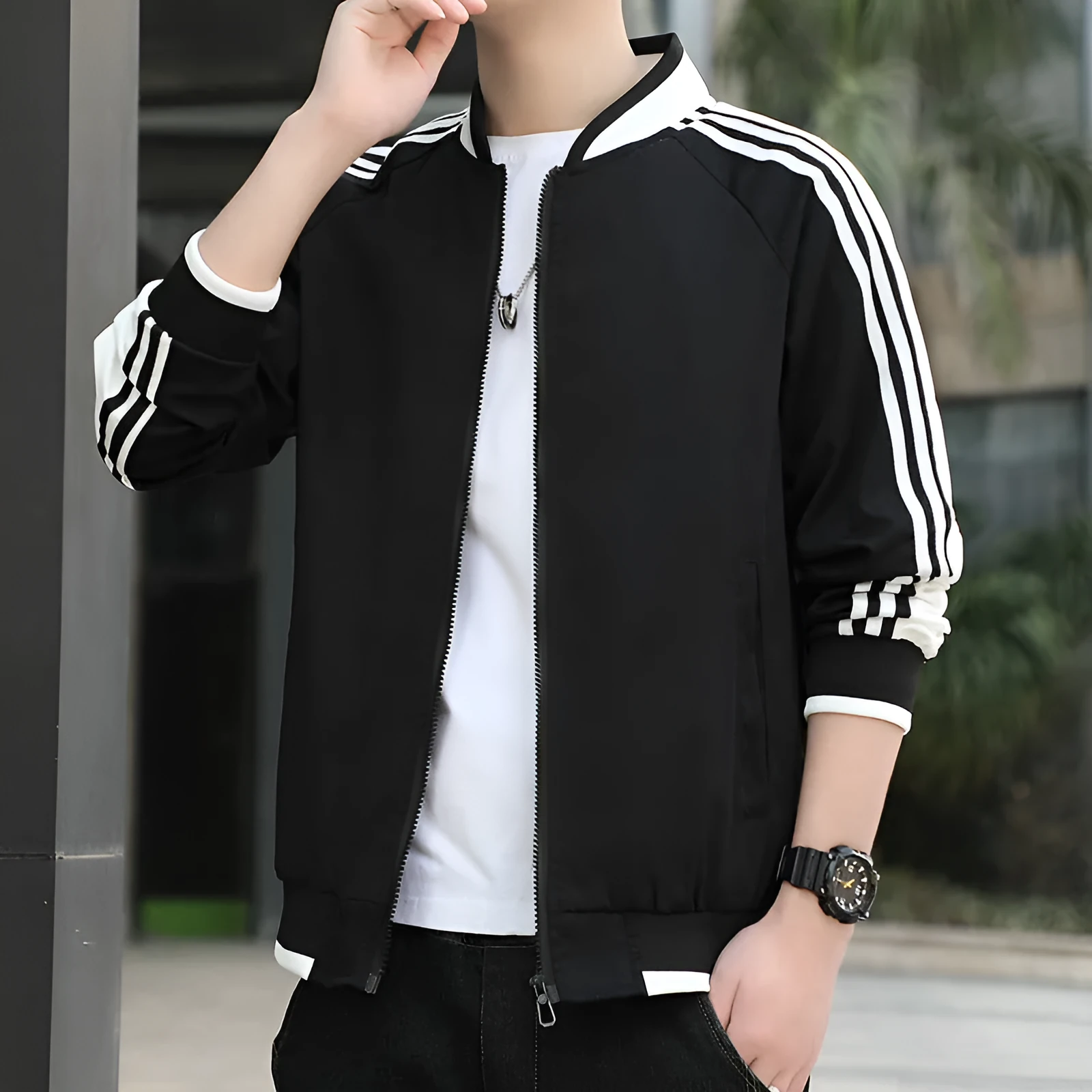 Men's plus size Korean style fitted stand collar long sleeve plain polyester casual jacket in green