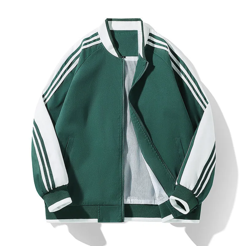 Men's plus size Korean style fitted stand collar long sleeve plain polyester casual jacket in green