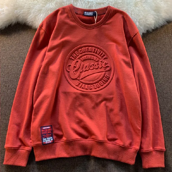 Cotton pullover sweater with scale concave-convex print in loose fit