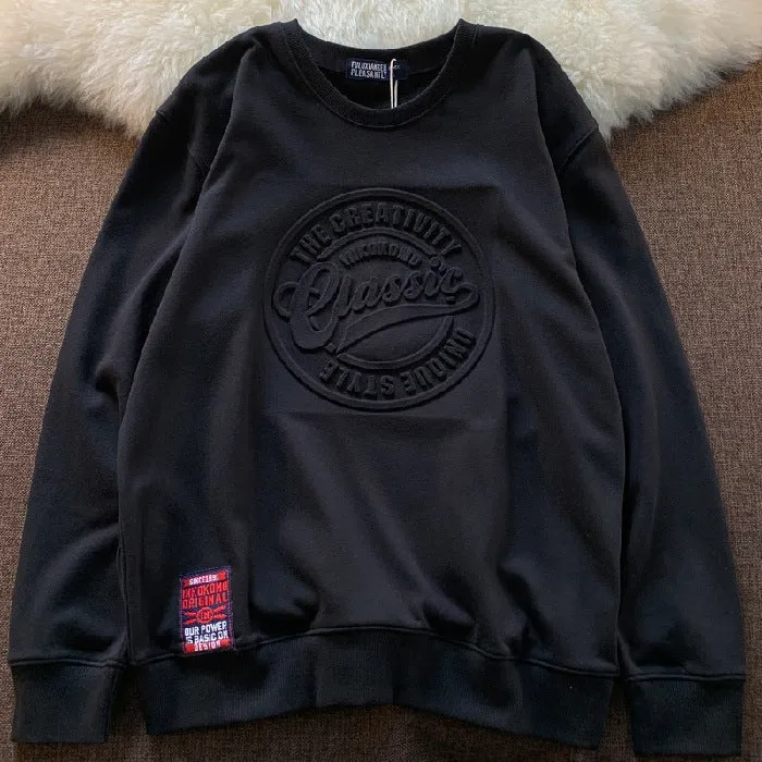 Cotton pullover sweater with scale concave-convex print in loose fit