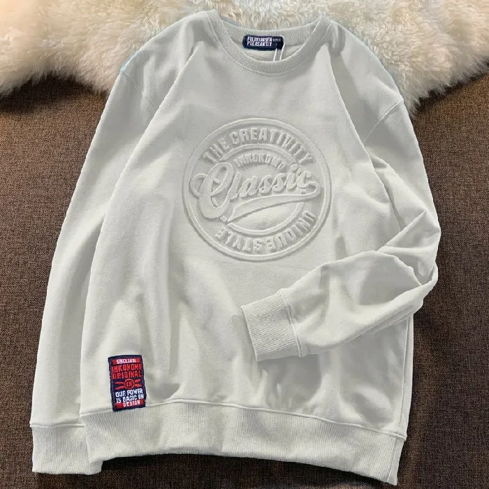 Cotton pullover sweater with scale concave-convex print in loose fit