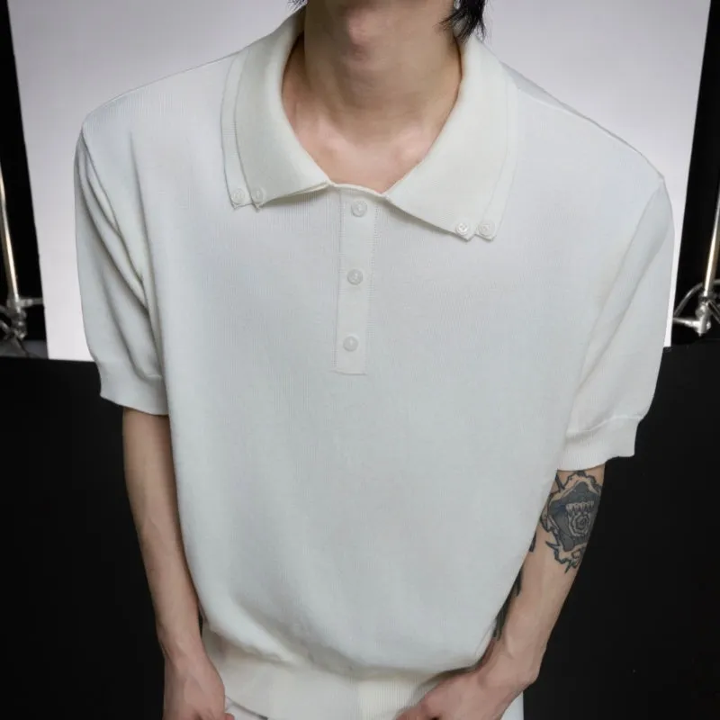 Men's black slim knit short sleeve shirt with double collar design and fastener decoration