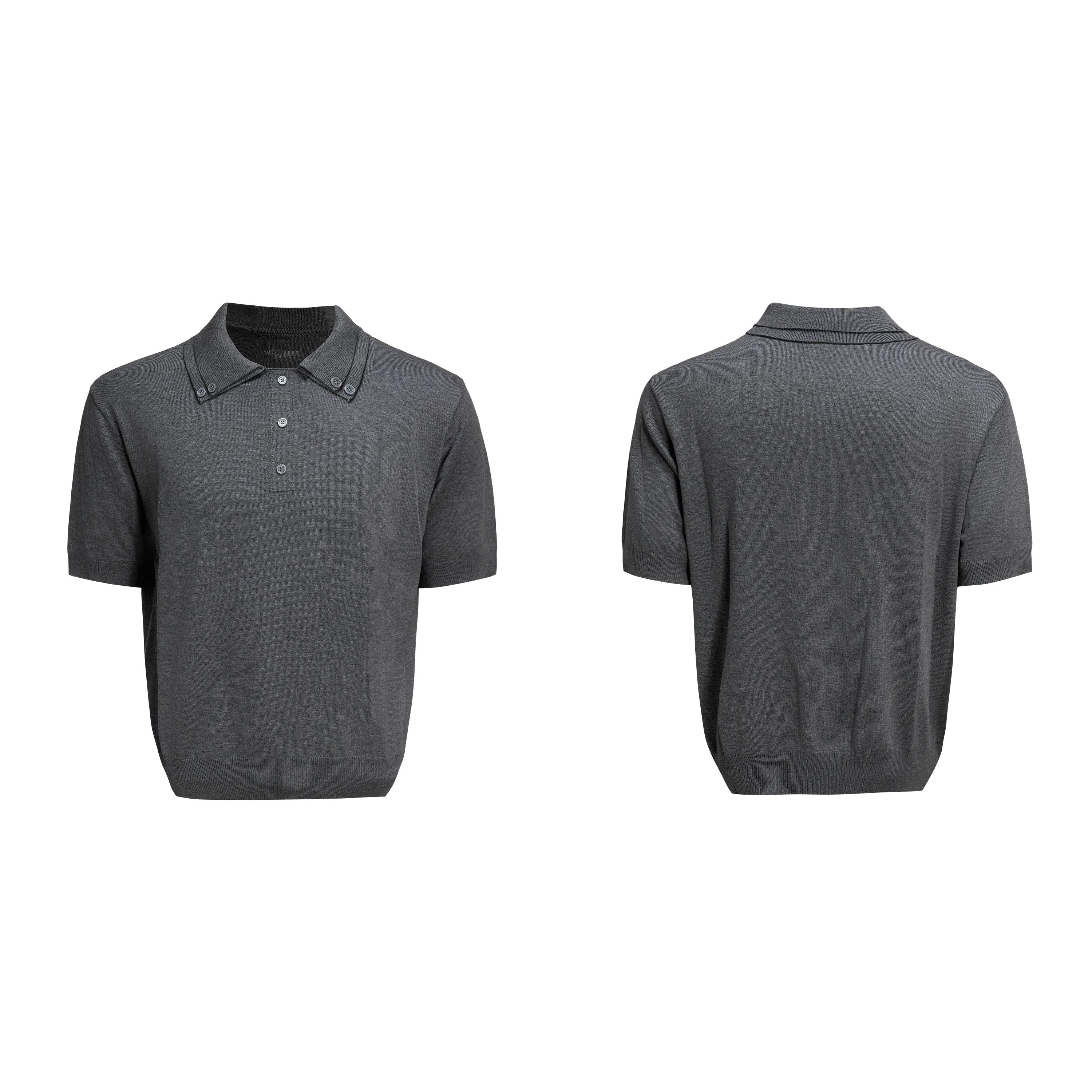 Men's black slim knit short sleeve shirt with double collar design and fastener decoration