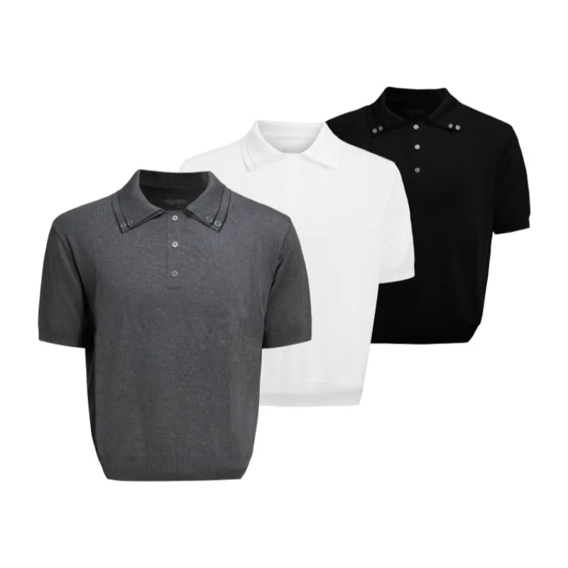Men's black slim knit short sleeve shirt with double collar design and fastener decoration