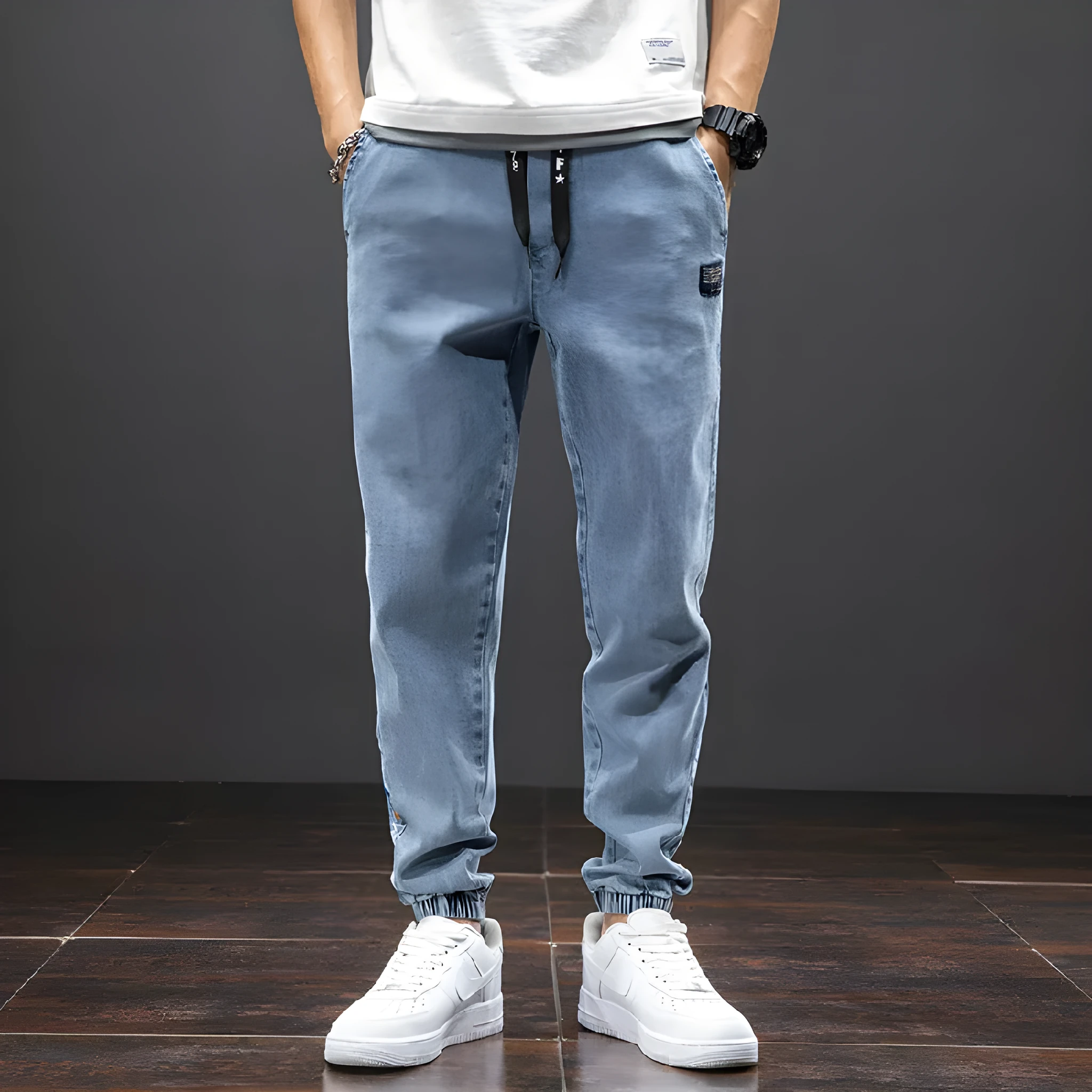 Men's cropped oversized slimming straight leg jeans in black, grey, and blue with high elasticity cotton blend