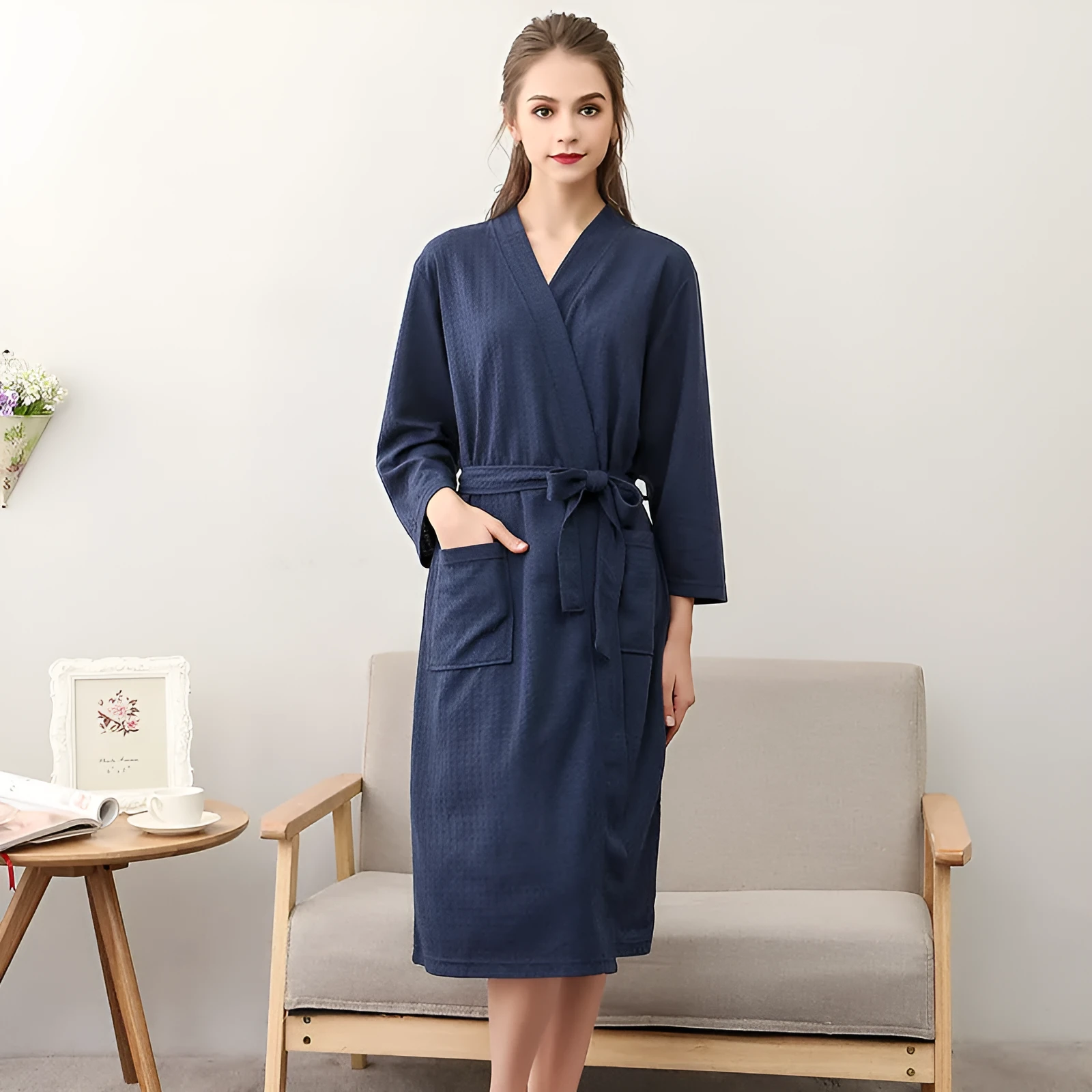 Women's and men's polyester nightgown cardigan with three-quarter sleeves in HFG navy blue, shown on a model for sleepwear use