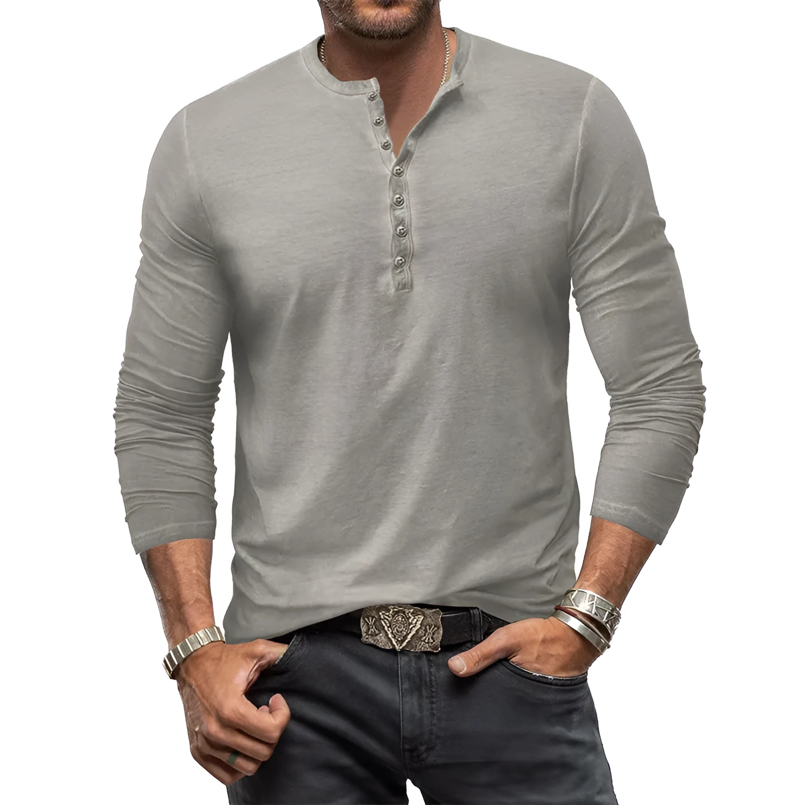 Cotton V-neck long sleeve men's T-shirt in seven colours, button washed finish, US sizes S-XXXL