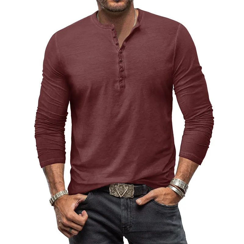 Cotton V-neck long sleeve men's T-shirt in seven colours, button washed finish, US sizes S-XXXL