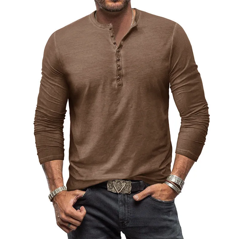 Cotton V-neck long sleeve men's T-shirt in seven colours, button washed finish, US sizes S-XXXL
