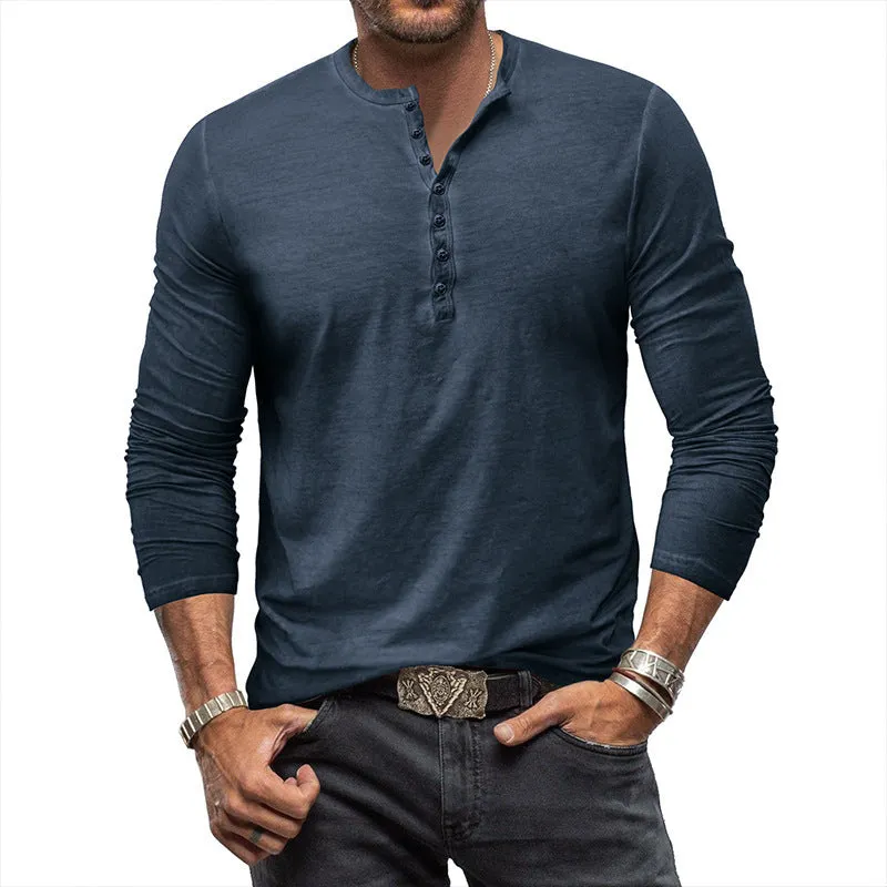 Cotton V-neck long sleeve men's T-shirt in seven colours, button washed finish, US sizes S-XXXL