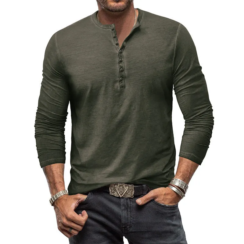 Cotton V-neck long sleeve men's T-shirt in seven colours, button washed finish, US sizes S-XXXL