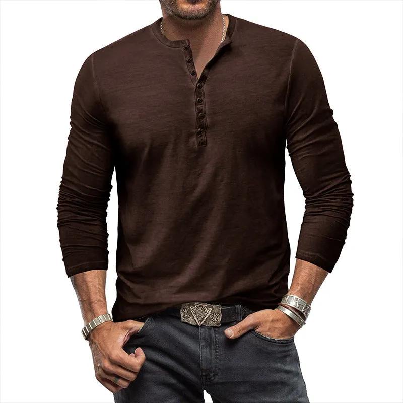 Cotton V-neck long sleeve men's T-shirt in seven colours, button washed finish, US sizes S-XXXL
