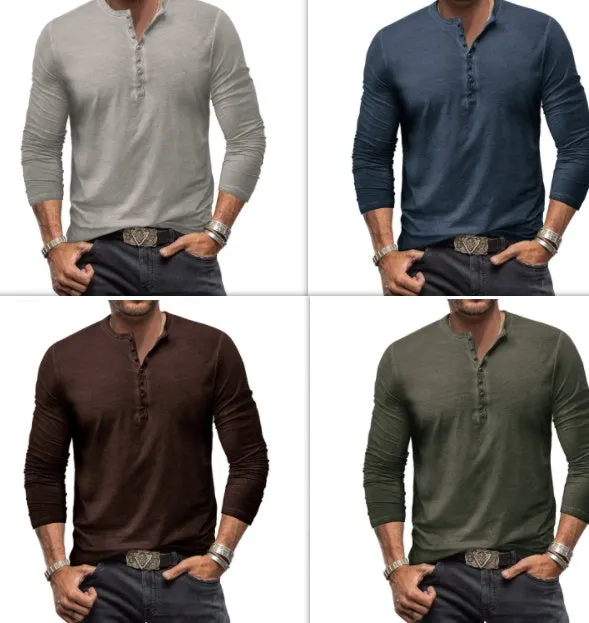 Cotton V-neck long sleeve men's T-shirt in seven colours, button washed finish, US sizes S-XXXL