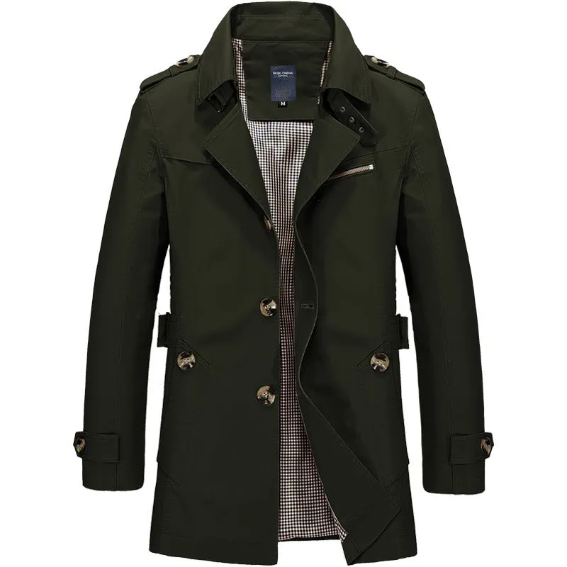 Men's mid-length windbreaker jacket in cotton, available in ArmyGreen, Black, Dark khaki, Light Khaki, Navy blue