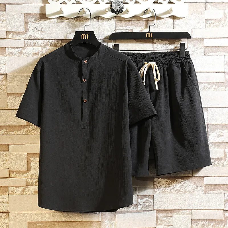 Chinese style two-piece suit with stand collar short sleeve top and shorts in multiple colours