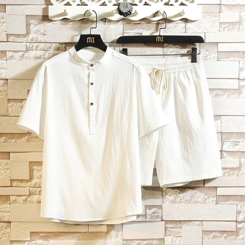 Chinese style two-piece suit with stand collar short sleeve top and shorts in multiple colours