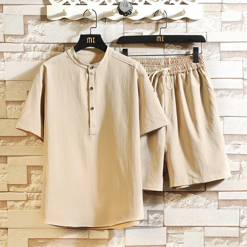 Chinese style two-piece suit with stand collar short sleeve top and shorts in multiple colours