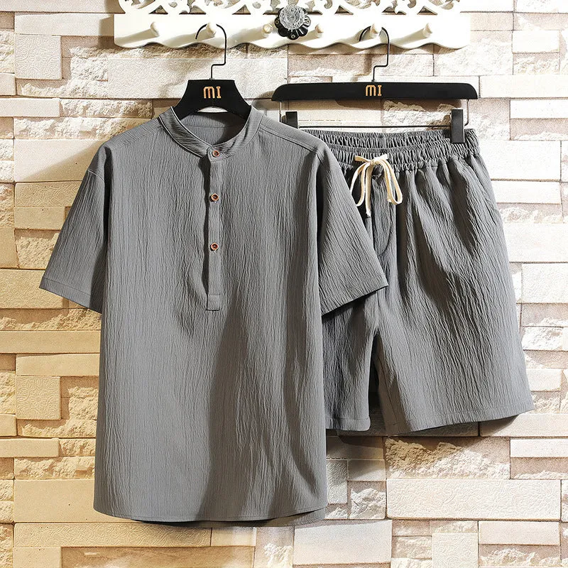 Chinese style two-piece suit with stand collar short sleeve top and shorts in multiple colours