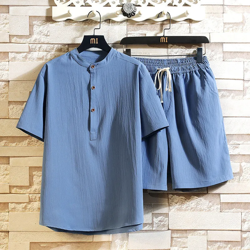 Chinese style two-piece suit with stand collar short sleeve top and shorts in multiple colours
