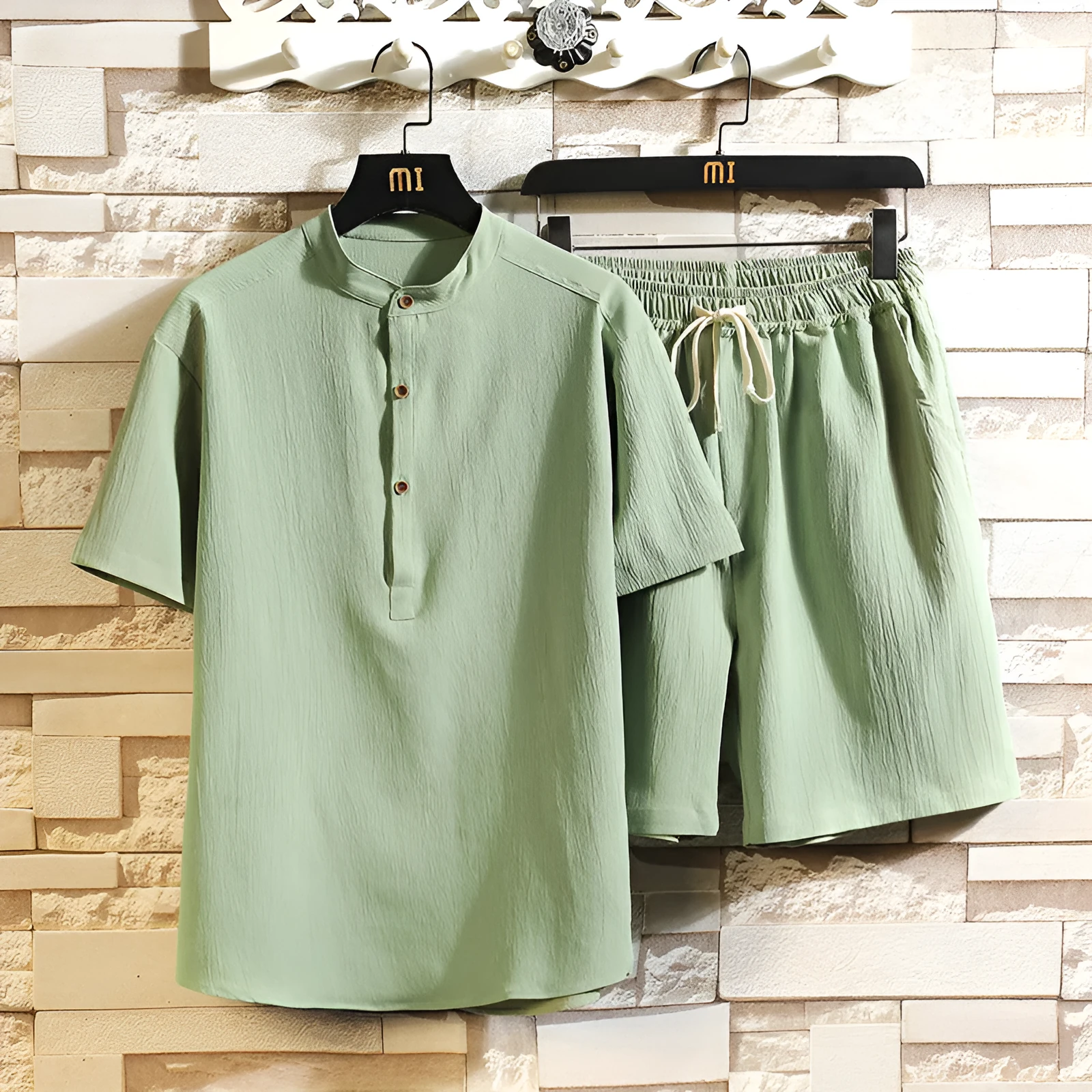 Chinese style two-piece suit with stand collar short sleeve top and shorts in multiple colours