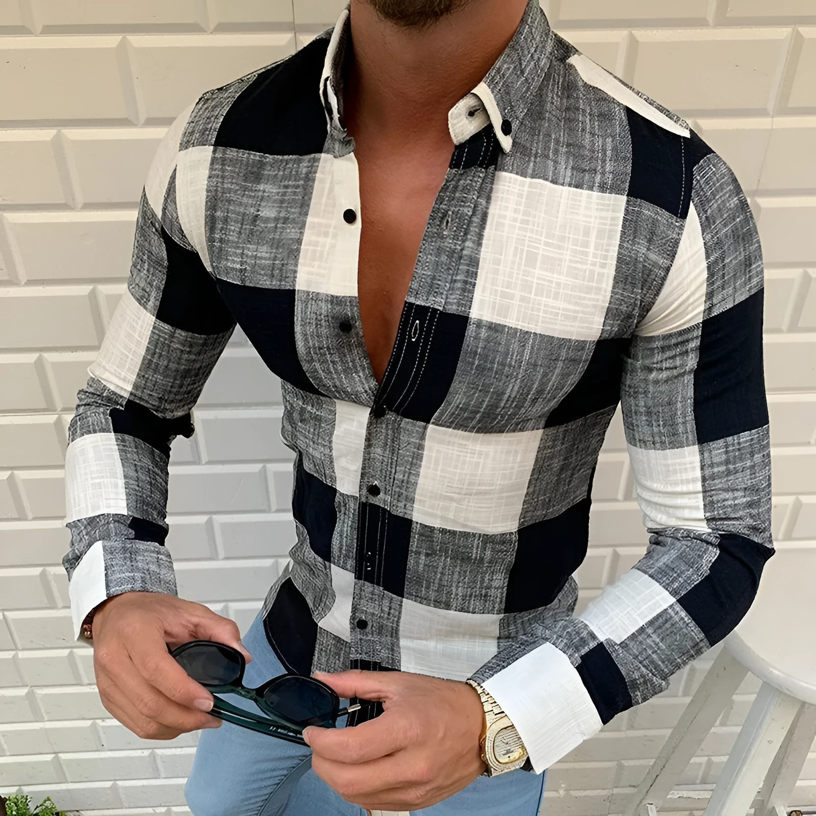 Check lapel button long sleeve cardigan in regular fit, leisure style, available in multiple colours and sizes S to 5XL.