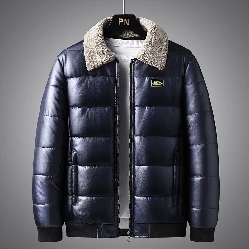 Men's thickened PU leather winter jacket with lapel collar in light blue and black, sizes M to 5XL