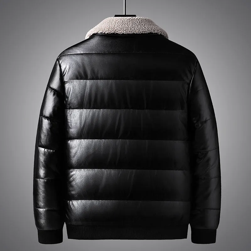 Men's thickened PU leather winter jacket with lapel collar in light blue and black, sizes M to 5XL