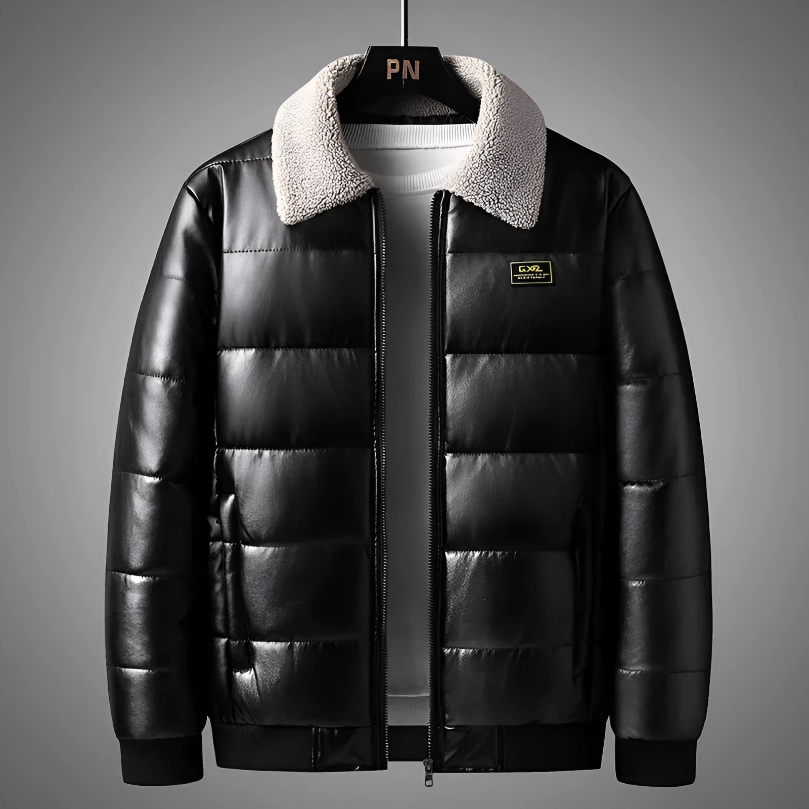 Men's thickened PU leather winter jacket with lapel collar in light blue and black, sizes M to 5XL