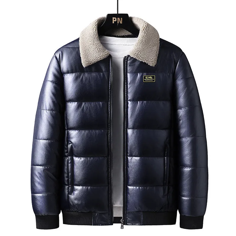 Men's thickened PU leather winter jacket with lapel collar in light blue and black, sizes M to 5XL